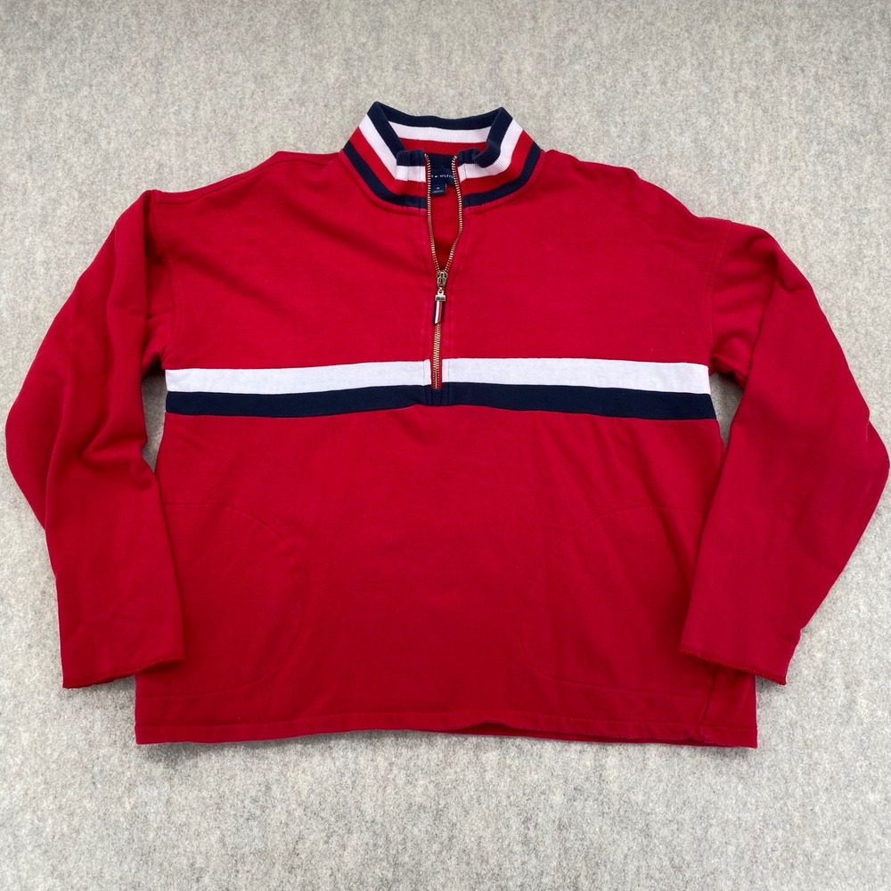 Tommy Hilfiger Quarter Zip Sweatshirt Red Striped Mock Neck Pullover Mens Medium